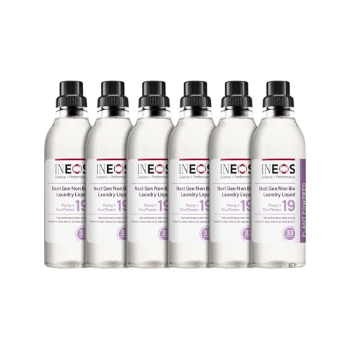 INEOS Next-Gen Non Bio Laundry Washing Liquid Detergent, 198 Washes (6 x 1L), High Performance Stain Remover For Clothes, Plant Powered, For Sensitive Skin, Peony + Rice Milk, Packaging May Vary