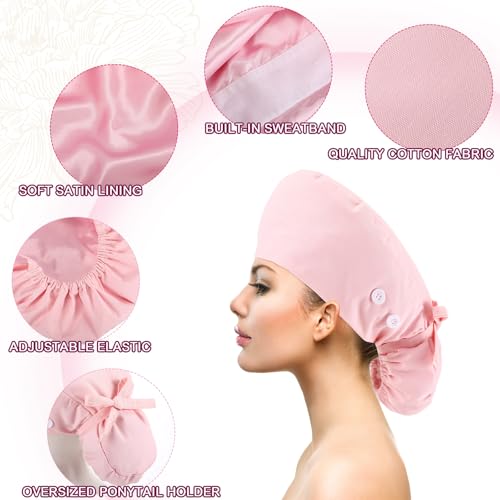 Image of 8 Pcs Satin Lined Scrub Caps, Nurse Hats with Buttons Sweatband, Adjustable Ponytail Surgical Caps for Women