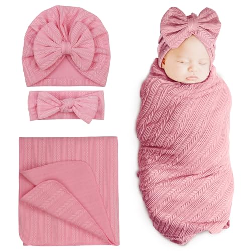 DRESHOW Newborn Receiving Blanket Toddler Warm for Girls with Matching Bow Hat and Bow Headband