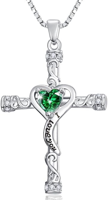 Birthstone Cross Necklace for Women, Heart Cross 14K Gold /18K White Gold /Rose Gold Womens Pendant Necklace I Love You Jewelry Anniversary Birthday Christmas Gifts for Her Mom Wife Girlfriend