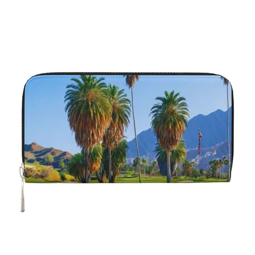 Palm Tree Golf Course Printed Zip Around Long Wallet For Women Men Pu Leather Clutch Purse,Card Holder, Coin Pocket Stylish Travel Leather Billfold For Daily Use & Gifting