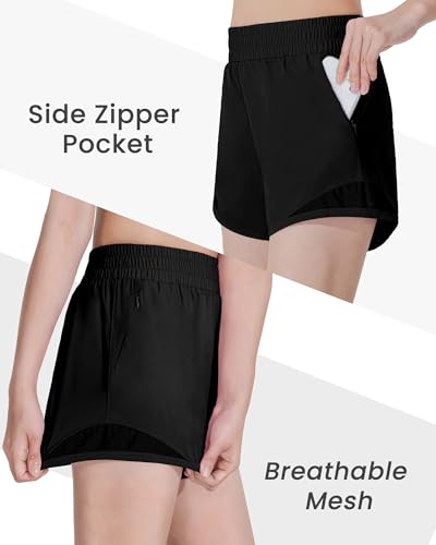 Auranso Girls Athletic Shorts Quick Dry Running Shorts with Mesh Liner and Zip Pockets3