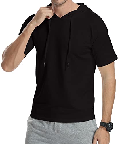 Kuyigo Mens Hoodies Fashion Athletic Short Sleeve Sport Sweatshirt Slim Fit Pullover Shirt 2Xl Black #TOP4