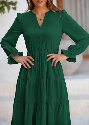 PRETTYGARDEN Long Sleeve Dress for Women 2025 Fall V Neck Tiered Aline Spring Elegant Modest Flowy Wedding Guest Maxi Dresses