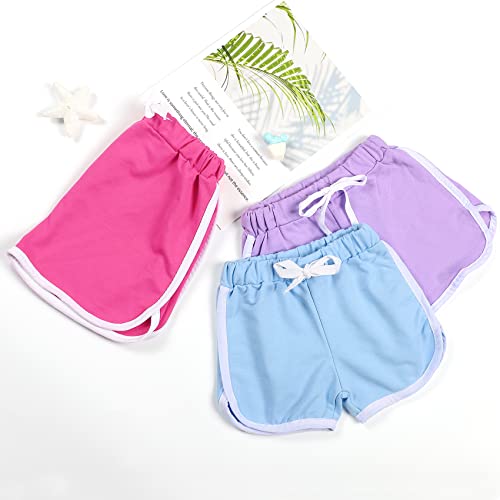 BOOPH 3 peças shorts atléticos para meninas, shorts de golfinho para corrida, Rosa roxo azul, 8-10 A