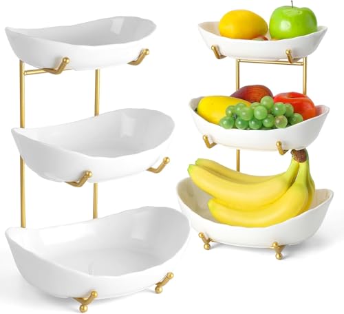 APAAR 3 Tier Fruit Bowl – Elegant White Porcelain with Gold Iron Stand– Durable Decorative Centrepiece for Dining Table, Kitchen or Living Room – Stylish Multi-Purpose Serving & Storage Bowl
