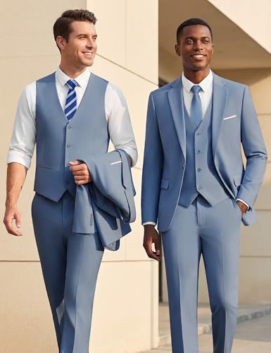 Image of WULFUL Men's Slim Fit Suit One Button 3-Piece Blazer Dress Business Wedding Party Jacket Vest & Pant