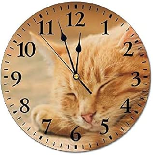 Sleeping Orange Clock Tabby Cat Clock Silent Non Ticking Wooden Wall Clock Battery Operated Esay Read for Home Decor Kids Room Office Housewarming Gift