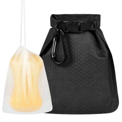 vsshe Travel Soap Bag Waterproof and Leakproof Soap Travel Storage Bag Quick Dry Soap Bag Portable Sealed Storage Bag with Soap Foaming Bag and Carabiner for Travel Camping Outdoor (Black)