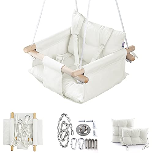 Canvas baby swing by cateam - ivory - wooden hanging swing seat c…