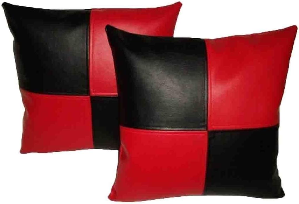 Home Decor Genuine Leather Cushion Black and Red Square Throw Pillow Cover (a Pack of 1) (20 X 20 Inches)