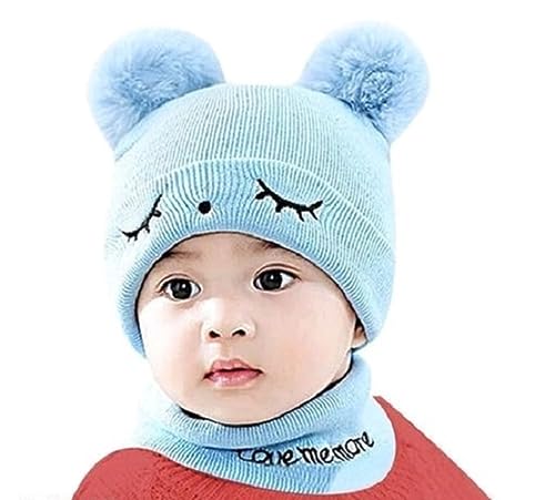 Image of F Y V Baby Kids Winter Beanie Cap with Warm Knitted Woollen Fur Lined Hat for Boys and Girls Age 1 to 6 Years Soft Stretchable Winter Cap Ear Cover