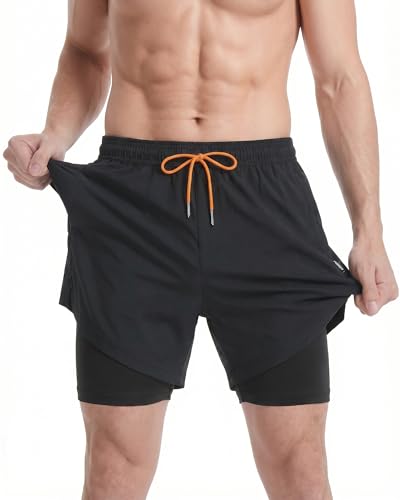 MaaMgic 2 in 1 Badehose für Herren mit Kompression Innenhose | 7' Schnelltrocknend Badeshorts Männer 4 Way Stretch Boardshorts mit Reißverschlusstasche Verstellbar Tunnelzug,7 Pur Schwarz,L