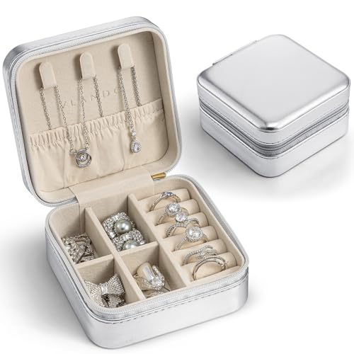 Vlando Small Travel Jewelry Box Organizer - Girls Women Gift Rings Earrings Necklaces Jewelry Storage Display Case - Silver Silver S 1