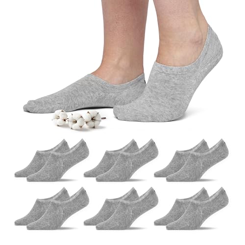 Snocks Füßlinge für Damen und Herren aus Bio-Baumwolle 6 Paar - Rutschfeste und unsichtbare Sneakersocken - Kurze Socken Gr. 39-42 - Farbe Hellgrau
