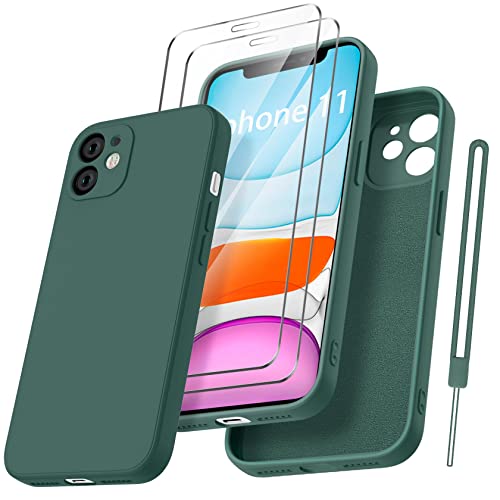 Qasyfanc HandyHülle für iPhone 11 Hülle Silikon case mit 2 Stück Panzerfolie, Ultra Microfiber TPU Flüssig silikon mit Kameraschutz Kratzfeste Rundumschutz Schutzhülle 6.1''-Dunkelgrün