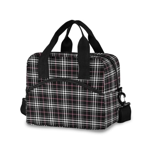Sinestour Insulated Lunch Bag Reusable Cooler Plaid Black White Lunch Box Adjustable Shoulder Strap for School Men Women