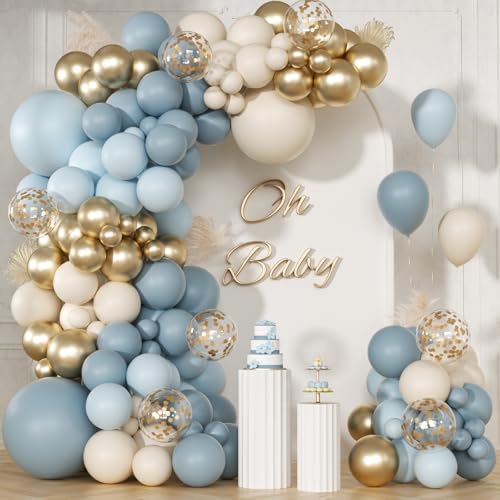 147pcs Dusty Blue Balloon Garland Arch Kit, Light Baby Blue Sand White Metallic Gold Confetti for Birthday Wedding Bridal Shower Boho Baby Shower Party Decorations