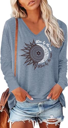Teesho Damen Tshirt Langarm V Ausschnitt Oberteile Basic Shirts Casual Longshirt Drucken Pullover Herbst Tops Tunika（Blaugrau/L
