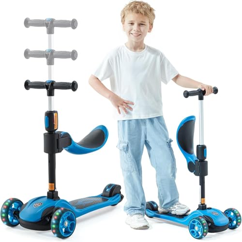 GLAMUP Kick Scooter Adjustable Height for Kids Ages 2-6 3 Wheel Scooter with LED Light and Extra Wide Deck ,Kids Scooter, Blue