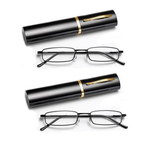 Lpolkvemelh 2 Pairs Slim Reading Glasses, Pocket Metal Frame Blue Light Blocking Glasses with Portable Pen Cases, Lightweight Stylish Compact Rectangle Readers Glasses for Men Women (Reading +2.0)
