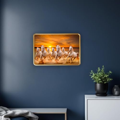 Image of Vastu 7 Seven Running Horse Photo Frame, Golden Slim Frame, Sparkle Coated Lamination, 30x45 cm (Design 17)