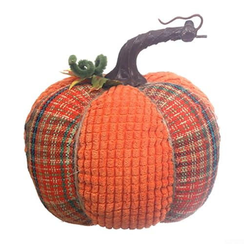 Sisinkal Calabazas hechas a mano de tela a cuadros, colección de cosecha de otoño, decoración de mesa de interior, tallo para decoración de temporada del hogar (naranja)