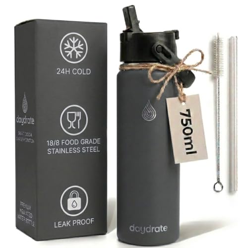 Insulated Metal Water Bottle with Straw 750ml- Stainless Steel Water Bottle, BPA Free, Dual Lid Straw & Spout, Leakproof, 24 Hours Cold & Hot, Work, Travel, Gym Bottle for Men & Women - Grey- Daydrate