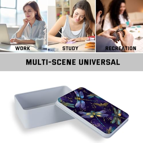Image of Metal Tin Box with Lid,Multi-functional Storage Large Box Can Store Tea Biscuits Game Cards, Playing & Tarot Cards-Comes with 4 Magnetic Cord Clips,Dragonfly Fantasy