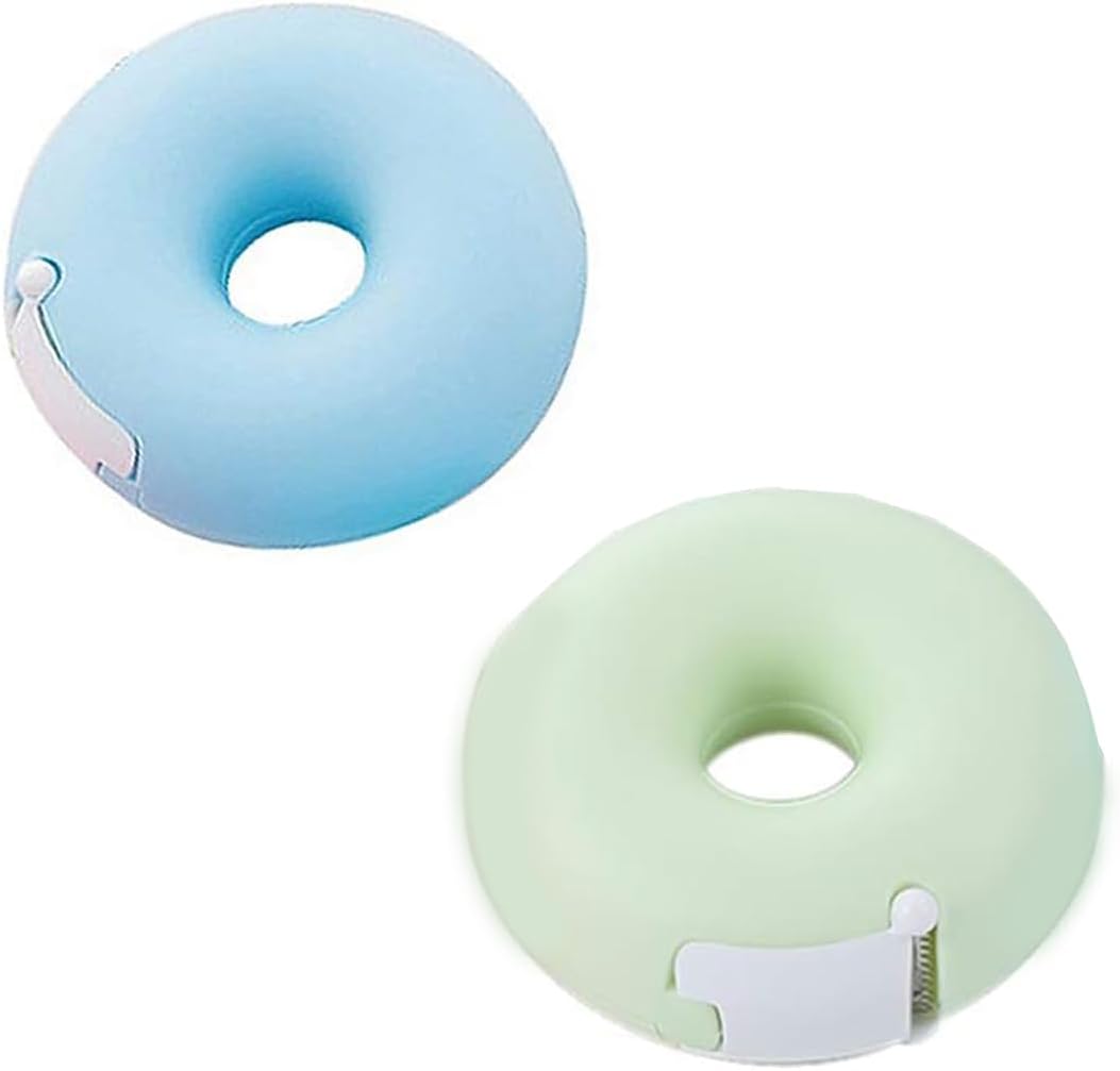 2 Pieces Tape Dispenser, Donut Shape Candy Color Tape Dispensers Donut Invisible Tape Cutter Tape Organizer Portable Roll Tape Holder for Office or School Supply(Blue, Green)