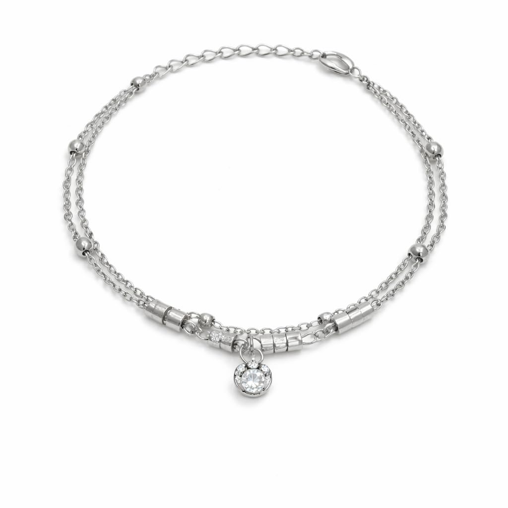 Silver Chic Layered Anklet for Women | Dual Chain Brass Anklet with Minimal Bead Detailing | Adjustable Everyday Foot Jewellery for Girls & Women-image-21