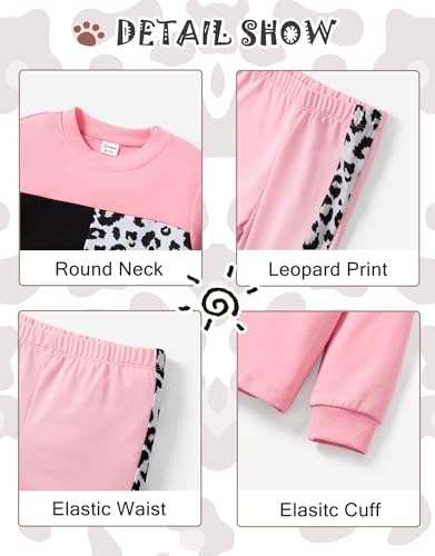 PATPAT Conjunto de 2 peças com estampa de leopardo e gola redonda legging preta para meninas, Rosa -