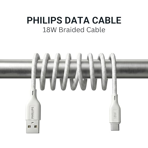 Image of PHILIPS DLC4160AW /94 18W Type-A to Type-C Fast Charging Cable (2m, Bright White) | Nylon Braided | Compatible with iPhone 15+ Series, USB-C iPad Models, Samsung Galaxy & All Type C Devices