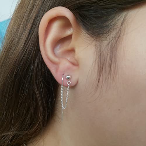Double Hole Ear Piercing, Sterling Silver Dangle Earrings, Trendy Two Cartilage Chain Threader, Edgy Drop Needle Pull Long Earrings For Women #TOP2