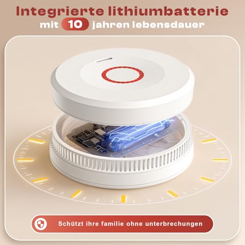 Rauchmelder, 10 Jahre Batterie Feuermelder, TÜV-Zertifiziert, Rauchwarnmelder mit Magnethalterung, Starken Klebepads, Brandmelder, 3 Stück