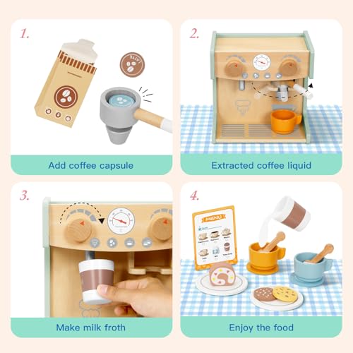 OOOK 2-in-1 Toy Coffee Maker, Kids Wooden Coffee Maker Playset, Toddler Pretend Play Kitchen Food Small Coffee Shop with 28 Pcs Play Kitchen Accessories for Girls & Boys - Thumbnail 4