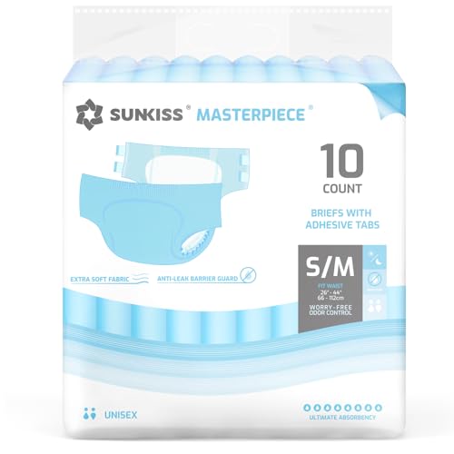SUNKISS Masterpiece - Pannolini per adulti con linguette, unisex, usa e getta, per incontinenza, per donne e uomini, controllo degli odori, blu, S/M, 10 pezzi