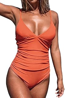 CUPSHE Women's Bright Day Shirring V Neck One Piece Swimsuit Small Orange