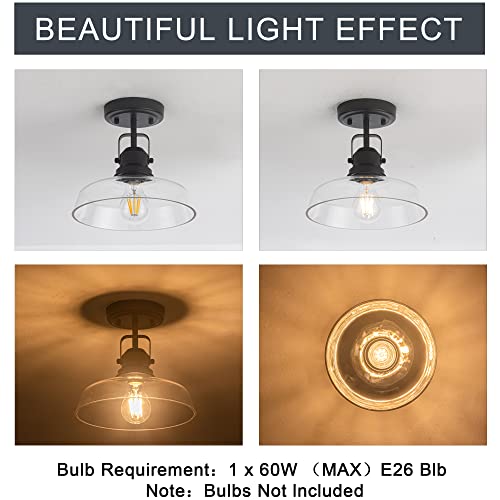 Edzemuwa Modern Clear Glass Light Fixture Farmhouse Close To Ceiling Lights,Industrial Semi Flush Mount Ceiling Light, Black Finish For Hallway Bedroom, Kitchen Entryway Cafe Bar Porch #TOP2