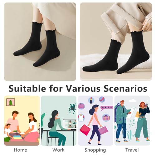 Image of MORECOO 6 Pairs Socks for Women, Cute Ruffle Frilly Ankle Socks, Cotton Lace Crew Socks for Mary Jane Shoes, 6 Pack
