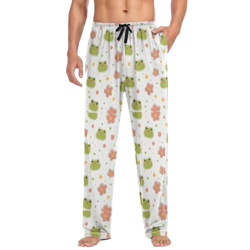 Men’s Kawaii Frog Pattern Pajama Pants with Pockets, Comfortable Lounge Sleep Bottoms#5803