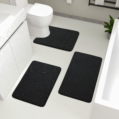 chakme Badezimmer Teppiche Sets 3 Stück, Cobblestone Memory Foam Badezimmer Matten Set dick, Anti-Rutsch-Badematten für Bad