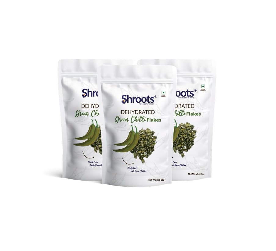 Image of SHROOTS Dehydrated Green Chilli | 100% Natural Sun-Dried Green Chilies | No Preservatives, Pure & Aromatic | Ideal for Cooking, Seasoning, Curries & Spice Blends | 35g Pack (Pack of 3)