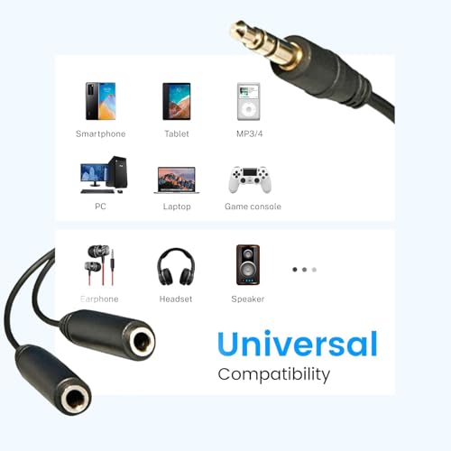 Image of 3.5mm Audio Jack Splitter Cable Adapter, Stereo Male to Dual Female Headphone & Mic Y Splitter, AUX Extension Cord for Mobile, Laptop, PC, Tablet - Colors May Vary