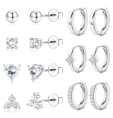 FIOROYAL 7 Pares Pendientes Mujer Plata De Ley 925 Poste Pendientes Aros Pequeños Tachuela Huggie Hipoalergenicos Pendiente Corazón Circonita Cúbica Juego de Cartílago Piercing Oreja E