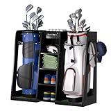 Golf Bag Organizer Storage Rack Stand Holder Fits 2 Extra Large Golf Club Bags and Multiple Golfing Equipment Accessories Great Gifts for Any Skill Level Golfer in Garage Shed Basement Indoor Outdoor