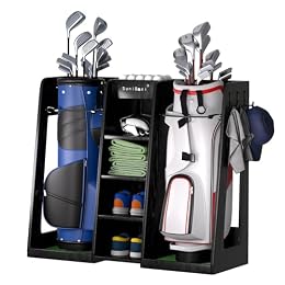 SuniBoxi Wooden Golf Storage Organizer for Garage, Premium Golf Bag Holder Rack for Golfing Accessories, Great Gift for Golfers,Husband, Dad(2 Bags,Dark Black)