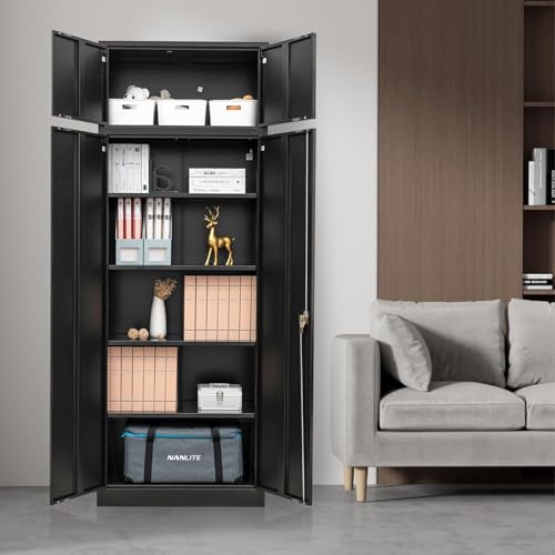 Image of Metal Storage Cabinet, 87 Inch Tall Locking Cabinet with Top Cabinet, Heavy Duty Garage Cabinet with Doors and 4 Adjustable Shelves, Pantry Cabinets for Office, Garage, Home-Black