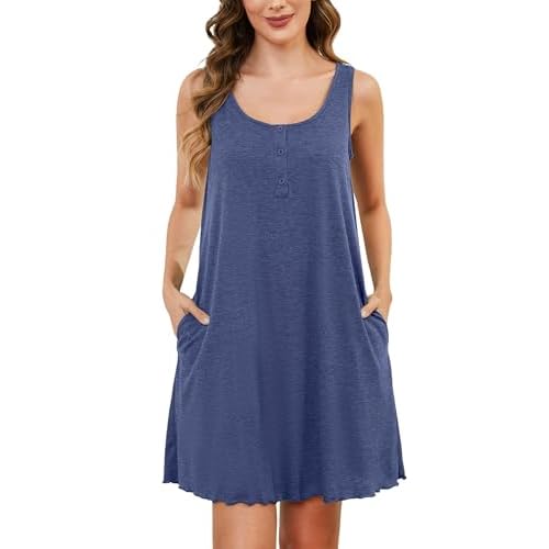 Marvmys Women Cotton Sleeveless Tank Nightgowns Summer Henley Lettuce Hem Nightshirts Sleepwear with Pocket S-2XL XX-Large Navy Blue