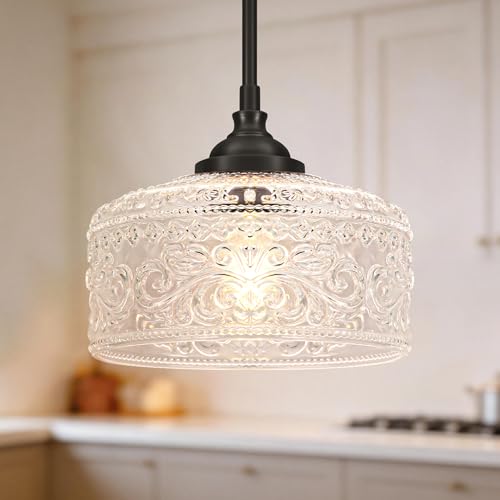 Black Vintage Pendant Lights Kitchen Island Adjustable Height Kitchen Island Lighting Bathroom Pendant Light with Clear Glass Shade- Dual Mount Ceiling & Hanging Fixtures with 90 Swivel for Decor